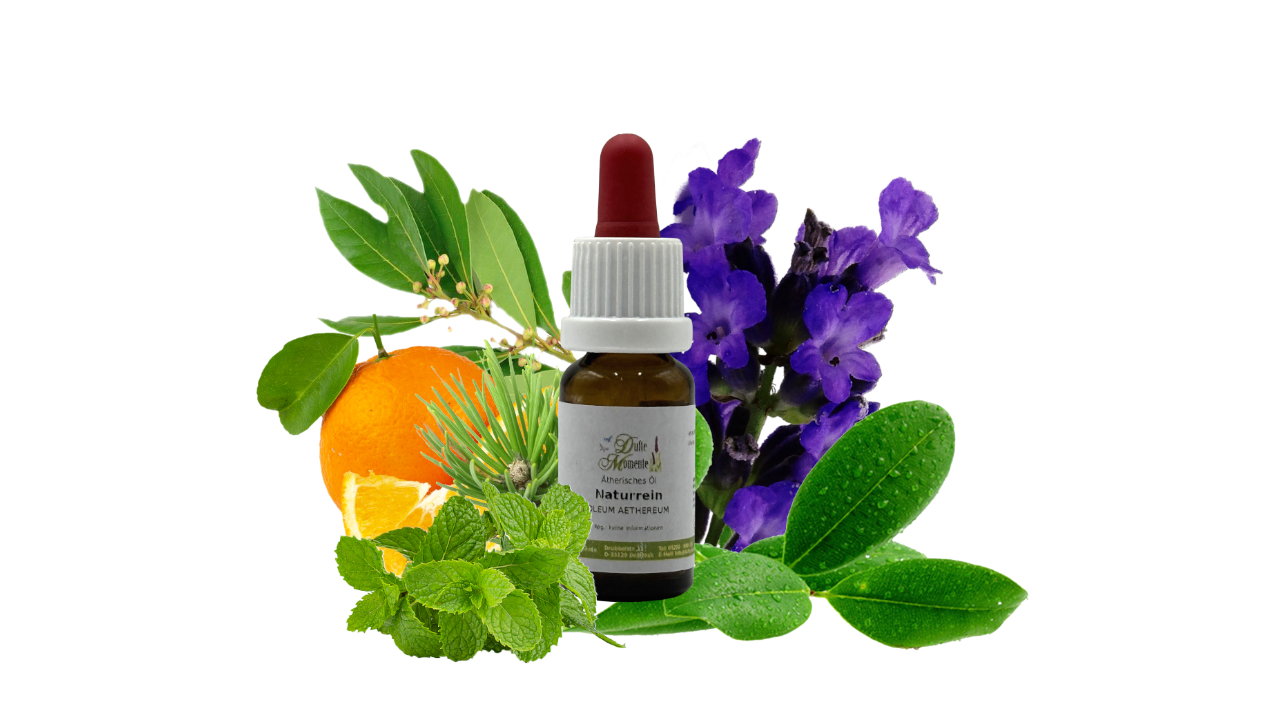 Ätherisches Öl in der 10 ml Braunglas-Flasche mit Pipette, geschmückt mit Blüten, Früchten und Kräutern