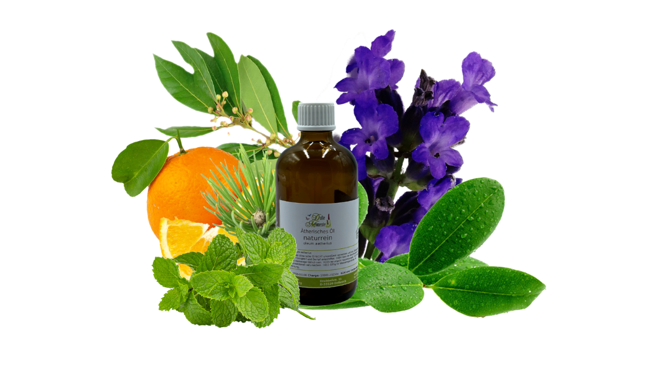 Ätherisches Öl in der 50 ml Braunglas-Flasche mit Blüten, Früchten und Kräutern.