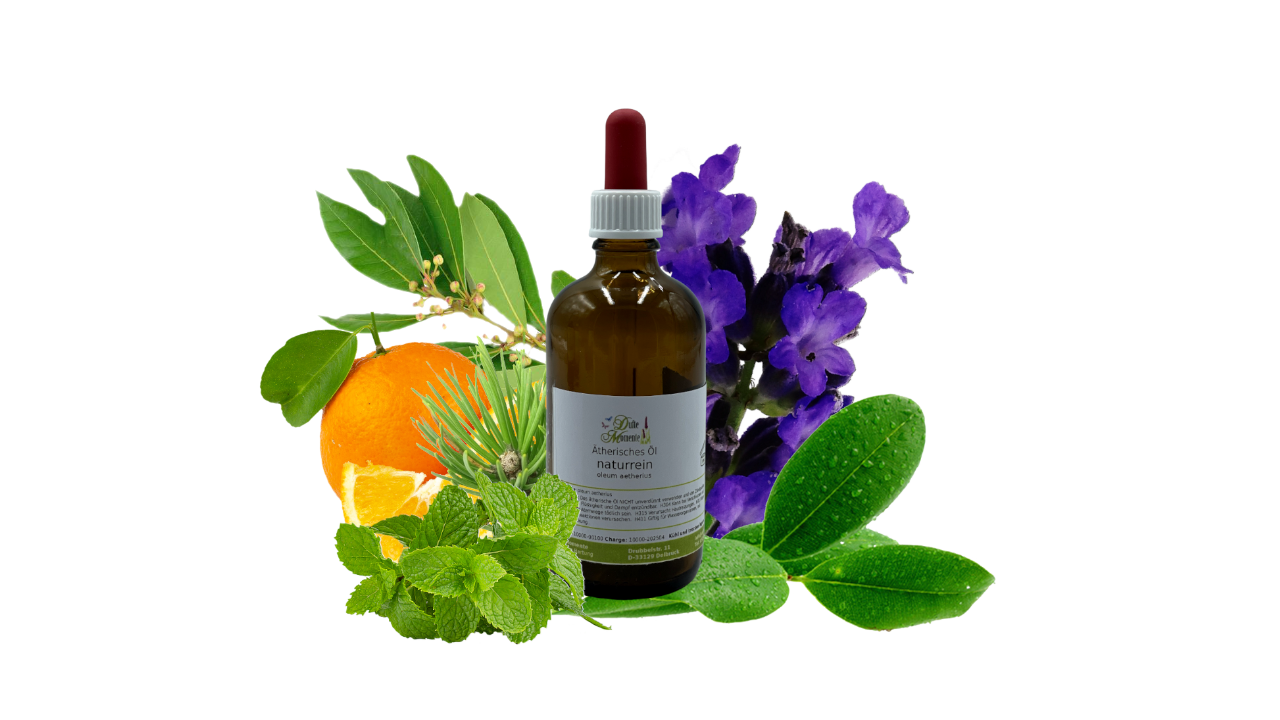 Ätherisches Öl in der 50 ml Braunglas-Flasche mit Pipette, geschmückt mit Blüten, Früchten und Kräutern