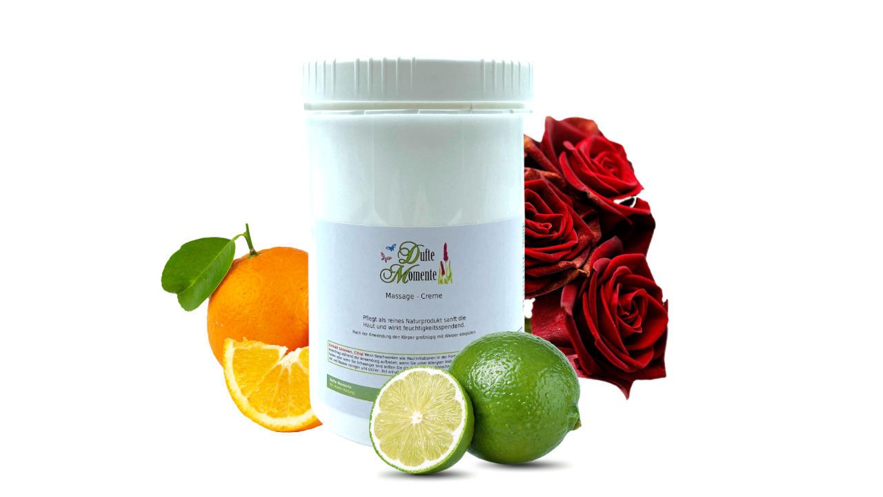 1 KG Dose Wellness-Massage-Creme, umrahmt mit Früchten und Rosen