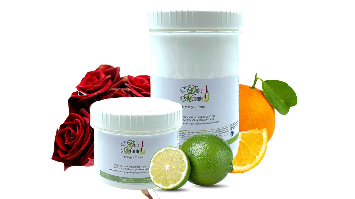 500g und 1 KG Dose Wellness-Massage-Creme, umrahmt mit Früchten und Rosen