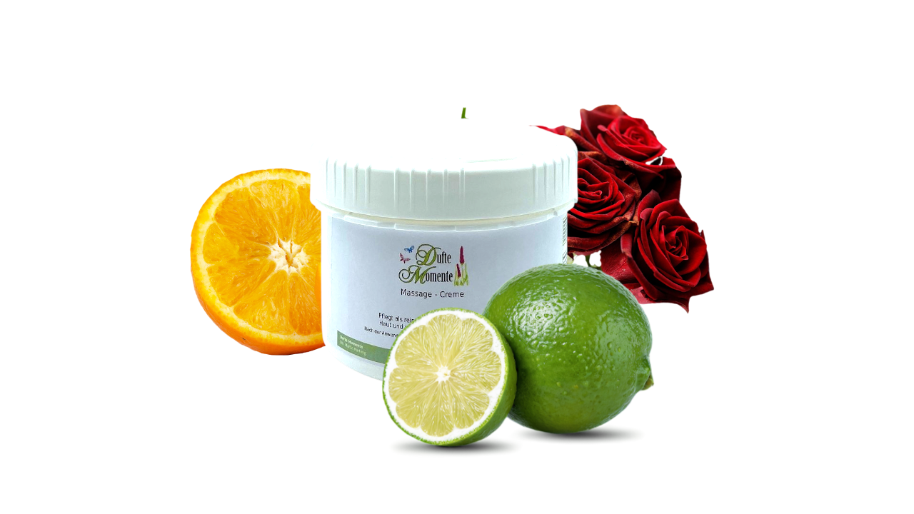 500g Dose Wellness-Massage-Creme, umrahmt mit Früchten und Rose