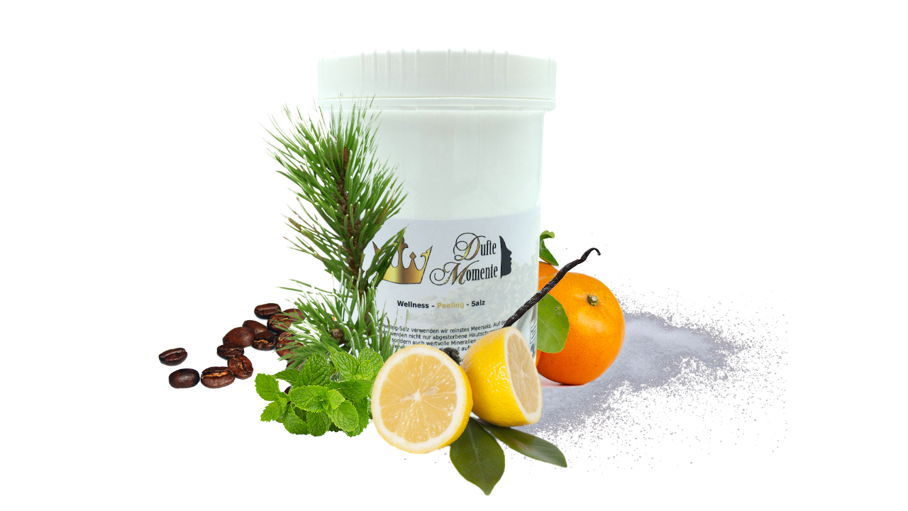 Salzpeeling in 1 KG Dose. Umrahmt von Früchten, Blüten und Kräutern