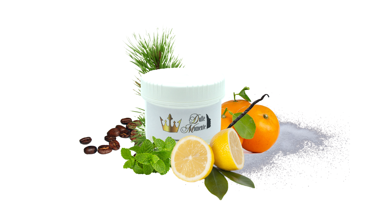 500 Gramm Dose mit Salzpeeling, garniert mit Früchten und Pflanzen