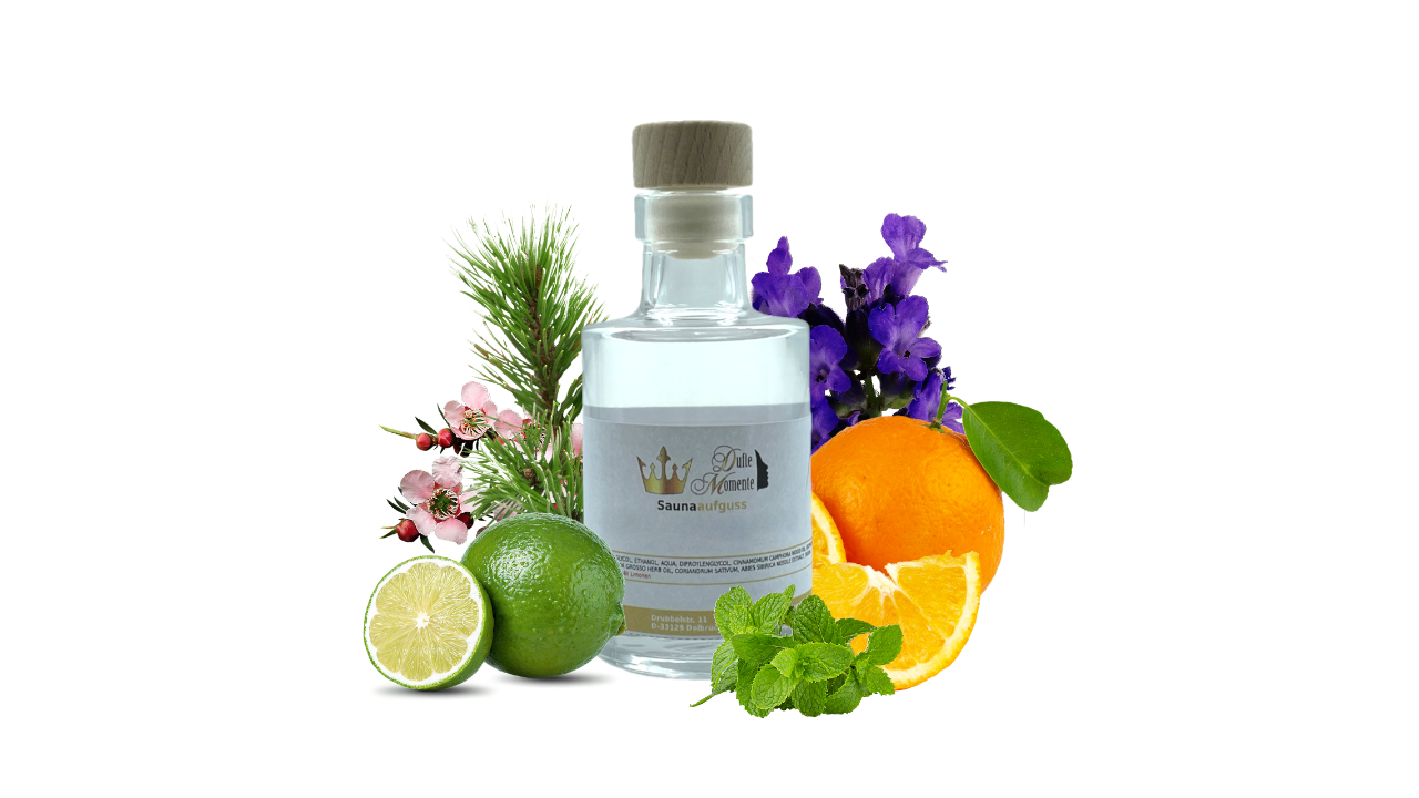 Saunaduft Konzentrat-Flasche aus Glas, umrahmt von Früchten, Blüten und Kräutern