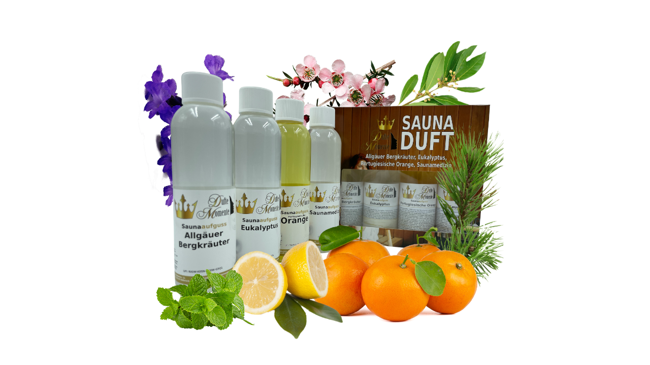 Saunaduft Konzentrat-Flaschen 4er Set 250 ml, umrahmt von Früchten, Blüten und Kräutern