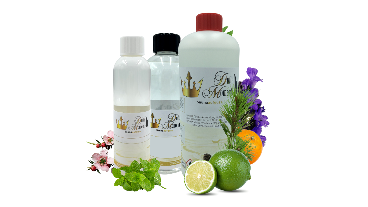 Saunaduft Konzentrat-Flaschen in 250 ml, 500 ml und 1 Liter. Umrahmt von Früchten, Blüten und Kräutern