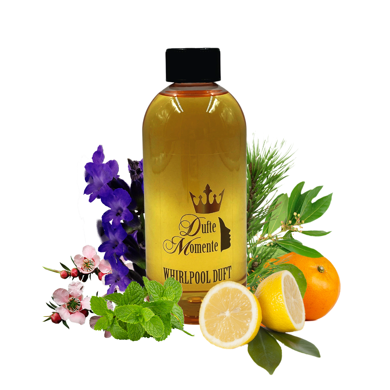 Whirlpoolduft in 500 ml-Flasche, umrahmt von Früchten, Blüten und Kräutern