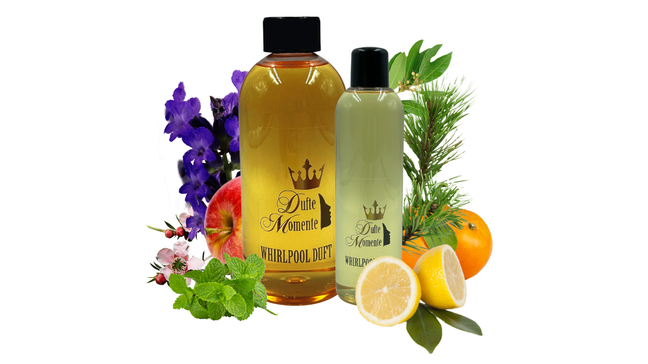 Whirlpoolduft-Flaschen in 250 ml und 500 ml, umrahmt von Früchten, Blüten und Kräutern