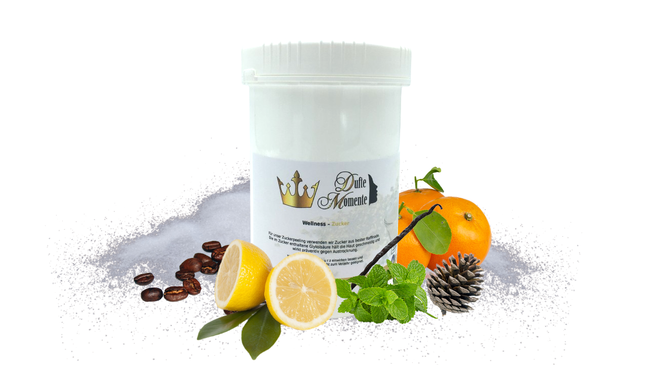 1 KG Dose Zuckerpeeling, umrahmt mit Früchten und Kräutern