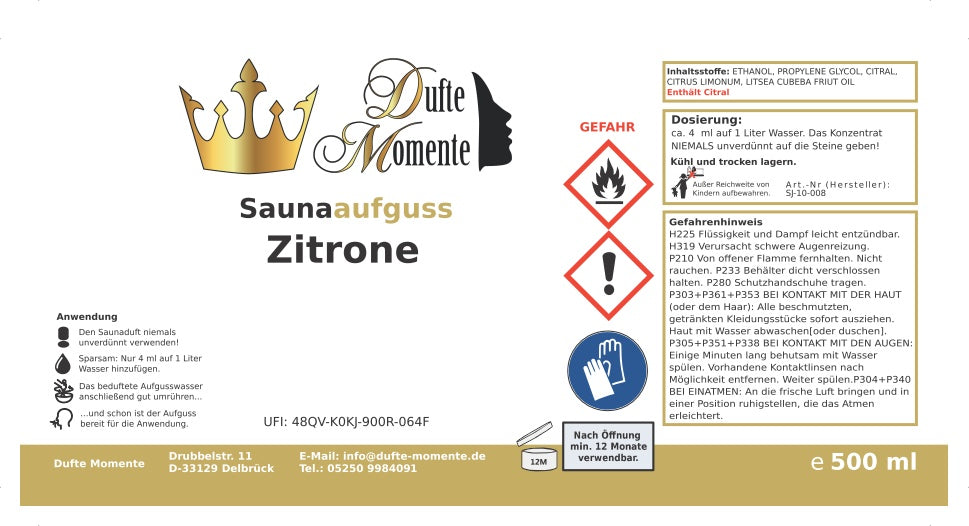Saunaduft Konzentrat 500 ml Etikett Zitrone