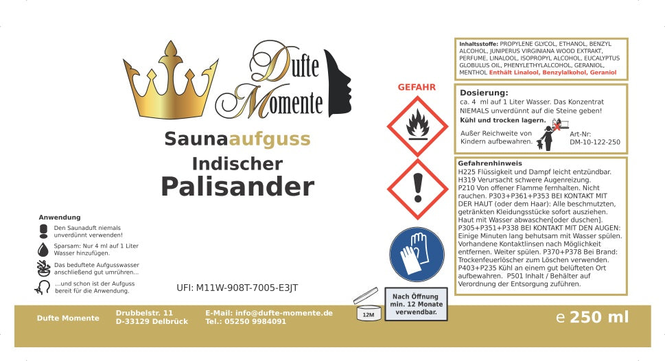 Saunaduft Konzentrat 250 ml Etikett Indischer Palisander