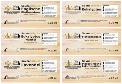 Übersicht Etiketten Saunaduft Konzentrat 20 ml 12er Set Klassiker 1