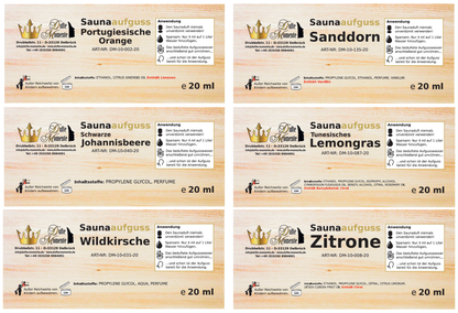 Übersicht Etiketten Saunaduft Konzentrat 20 ml 12er Set Klassiker 2