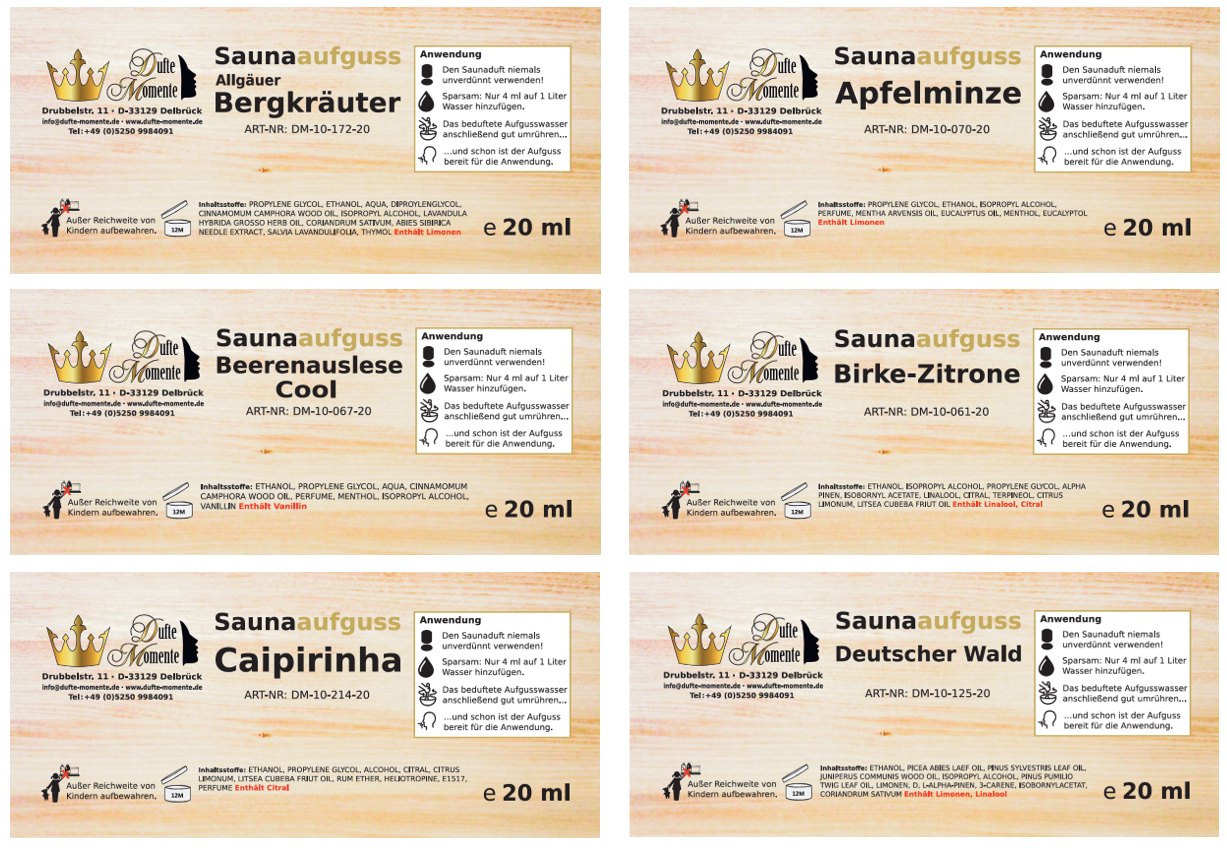 Übersicht Etiketten Saunaduft Konzentrat 20 ml 12er Set Sauna-Ideen 1
