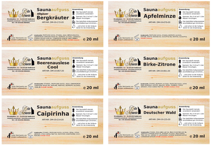 Übersicht Etiketten Saunaduft Konzentrat 20 ml 12er Set Sauna-Ideen 1
