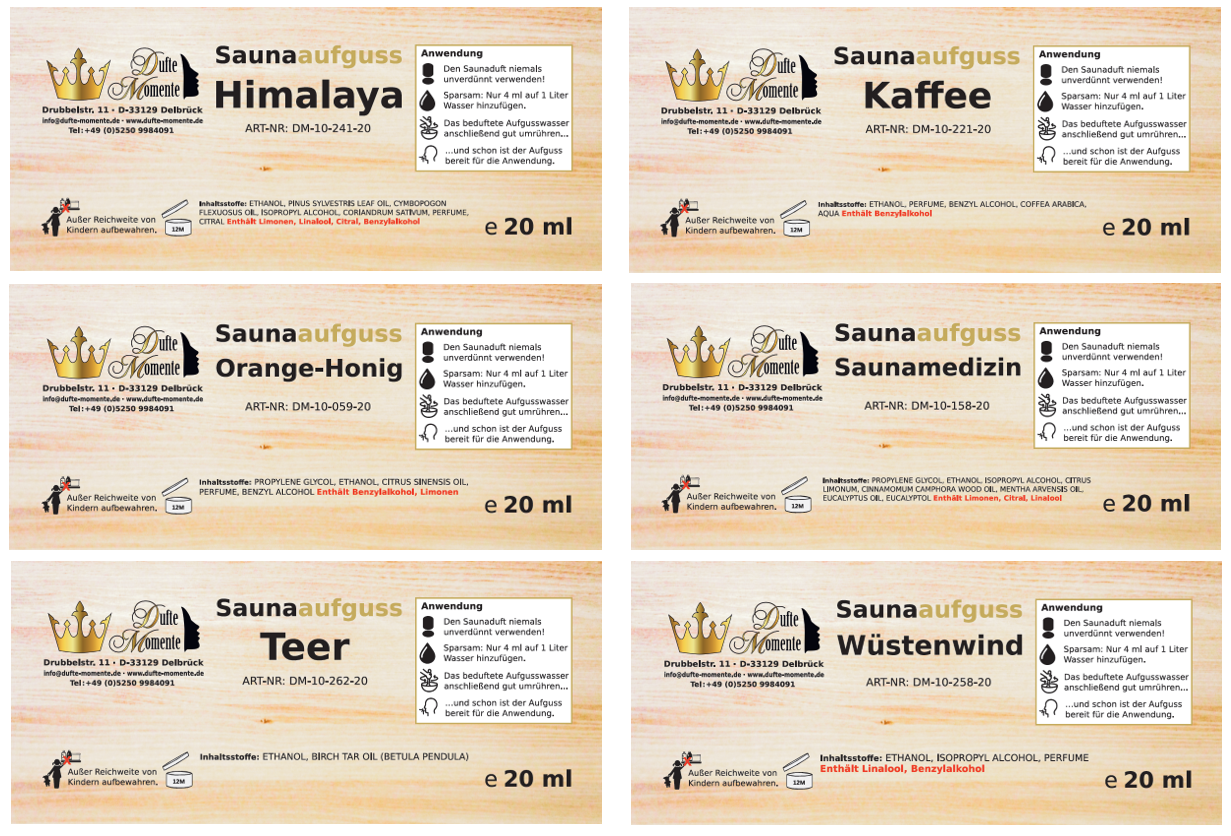 Übersicht Etiketten Saunaduft Konzentrat 20 ml 12er Set Sauna-Ideen 2