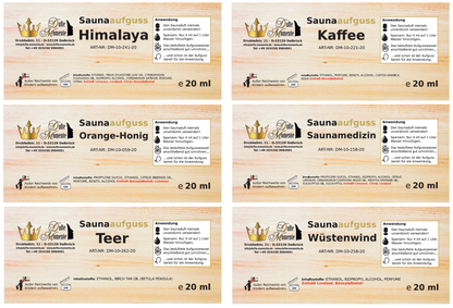 Übersicht Etiketten Saunaduft Konzentrat 20 ml 12er Set Sauna-Ideen 2