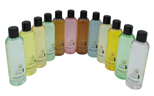 Whirlpooldüfte – 12 x 260 ml – Citrus, Cuba Sunset, Eukalyptus, Fichtennadel, Honig-Mandel, Jasmin, Kokos-Vanille, Lavendel, Lemongras, Orange, Polarminze & Rose – gebrauchsfertig, vegan, ohne Tierversuche