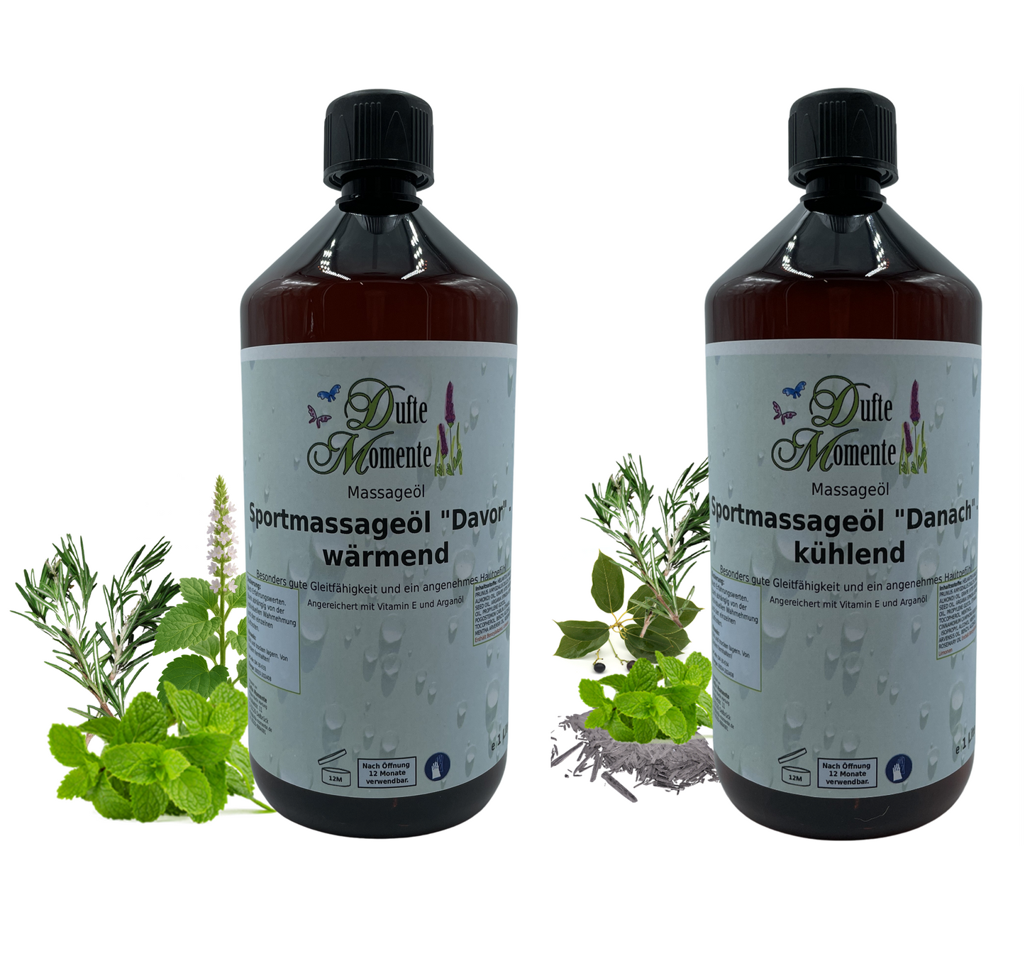 2 Flaschen Massageöl 1 Liter mit visualisierten Bestandteilen