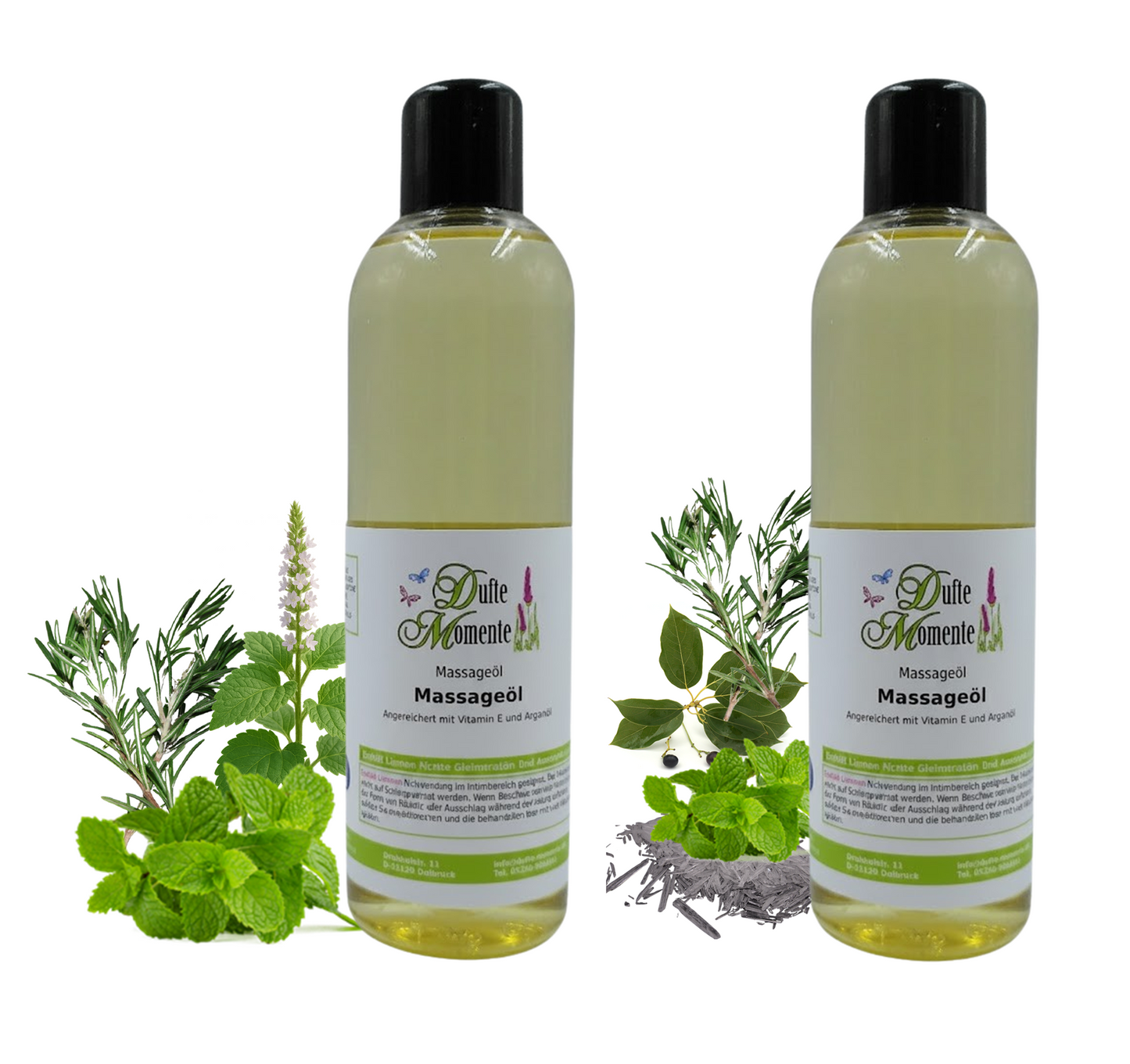 2 Flaschen Massageöl 250ml mit visualisierten Bestandteilen