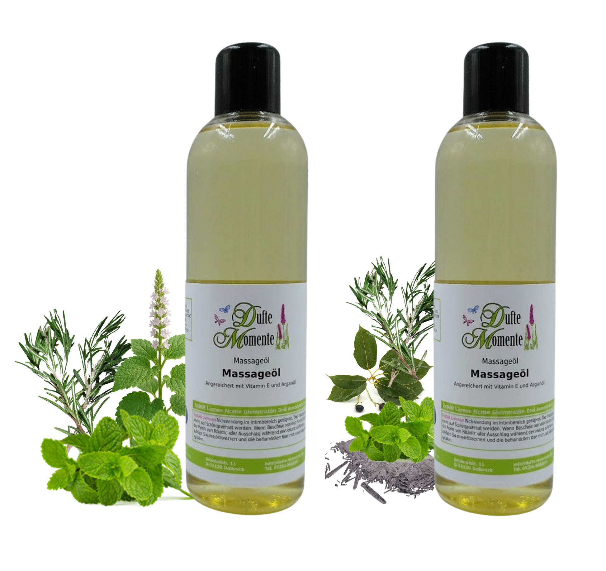 2 Flaschen Massageöl 250ml mit visualisierten Bestandteilen