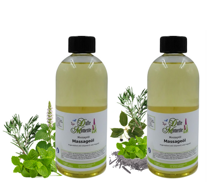 2 Flaschen Massageöl 500ml mit visualisierten Bestandteilen