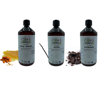 Sanfte Wärme Massageöl-Set | Honig-Mandel, Schokolade, Vanille | Paraffinölbasis | 3× 250 ml –3x 3 Liter