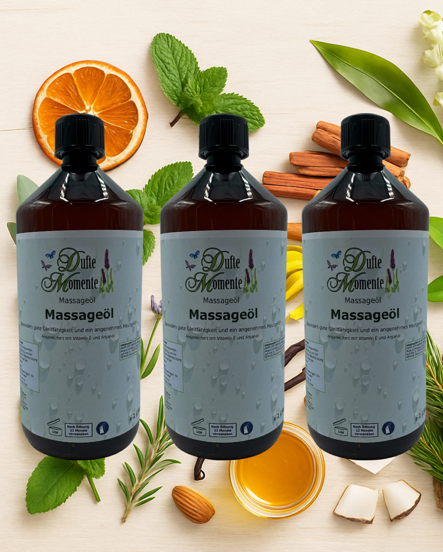 3x1Liter Flaschen Massageöl auf Hintergrund mit Duftkomponenten