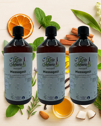 3x1Liter Flaschen Massageöl auf Hintergrund mit Duftkomponenten