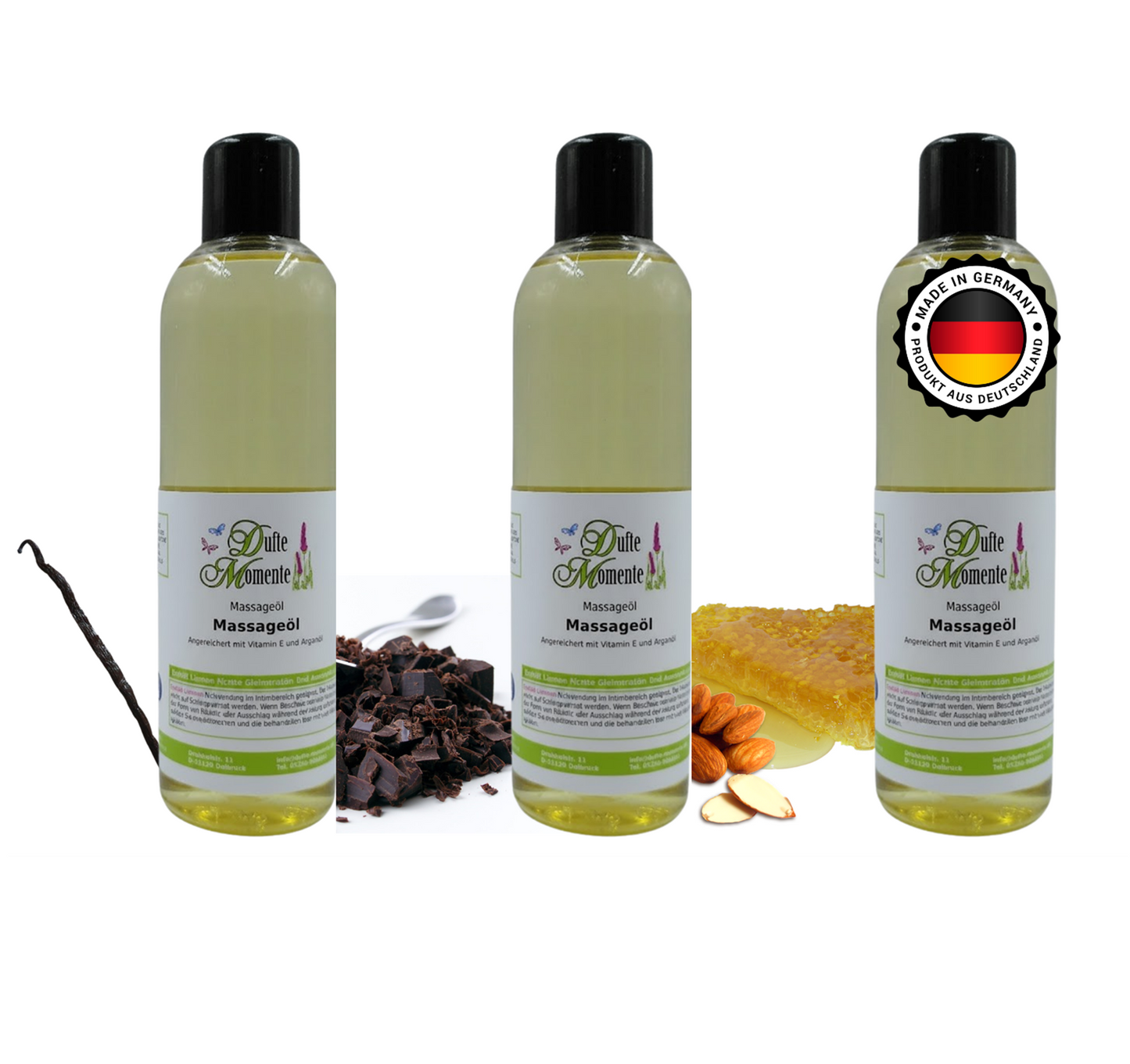 Sanfte Wärme Massageöl-Set | Honig-Mandel, Schokolade, Vanille | Paraffinölbasis | 3× 250 ml –3x 3 Liter