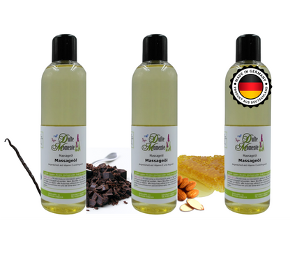 Sanfte Wärme Massageöl-Set | Honig-Mandel, Schokolade, Vanille | Paraffinölbasis | 3× 250 ml –3x 3 Liter