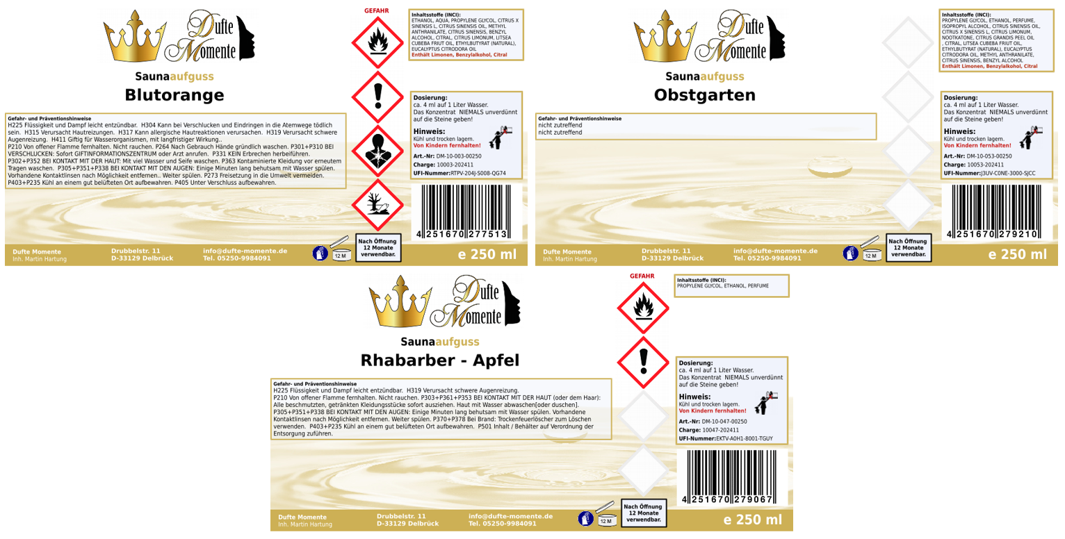 3x Saunaduft Konzentrat Etiketten  fruchtig - wie im Artikeltext beschrieben