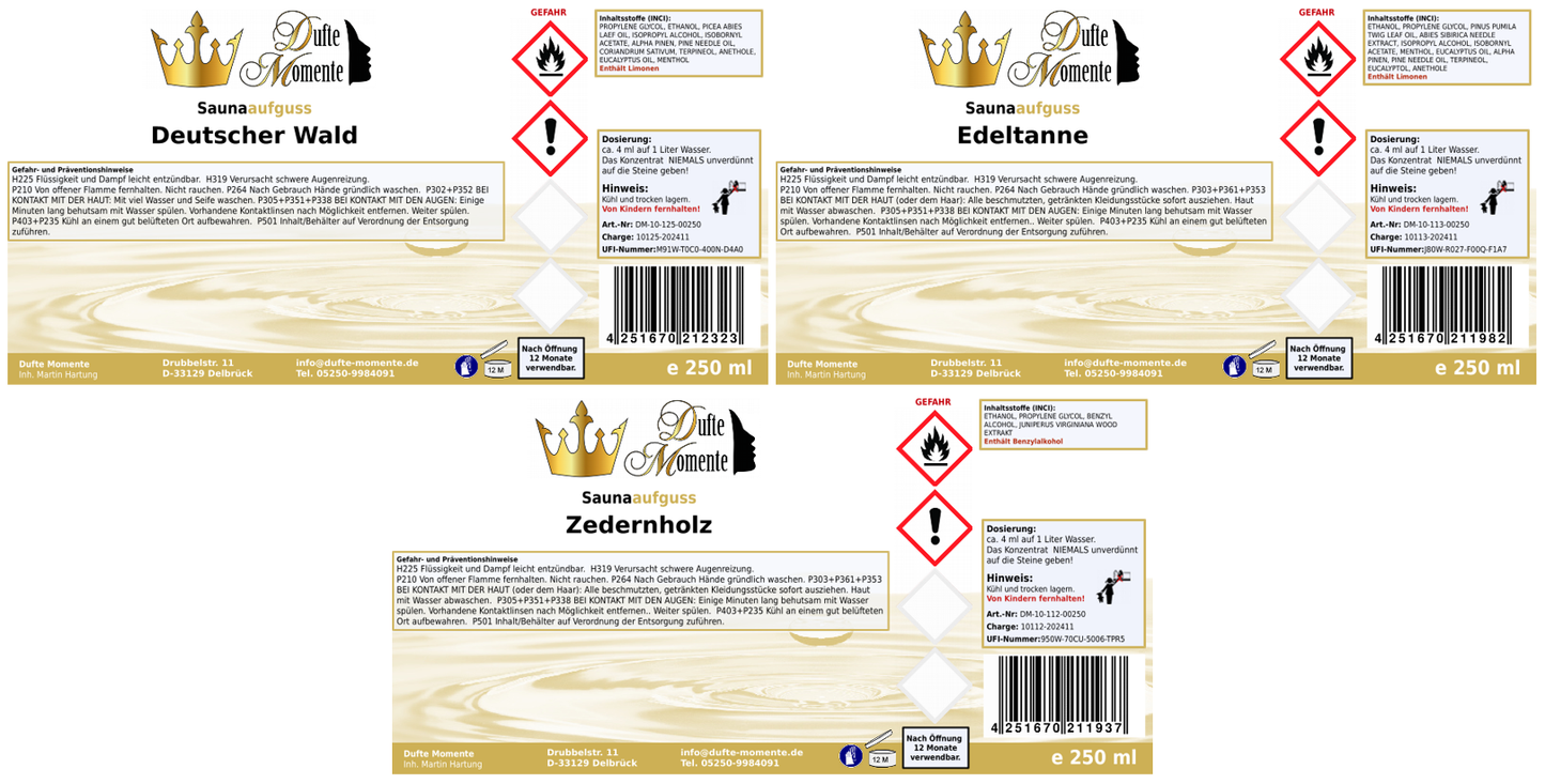 3x Saunaduft Konzentrat Etiketten  holzig - wie im Artikeltext beschrieben