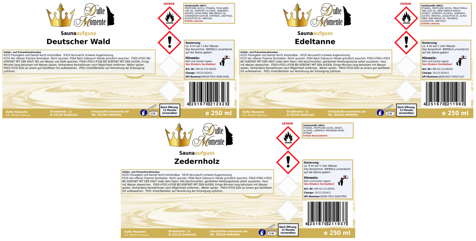 3x Saunaduft Konzentrat Etiketten  holzig - wie im Artikeltext beschrieben