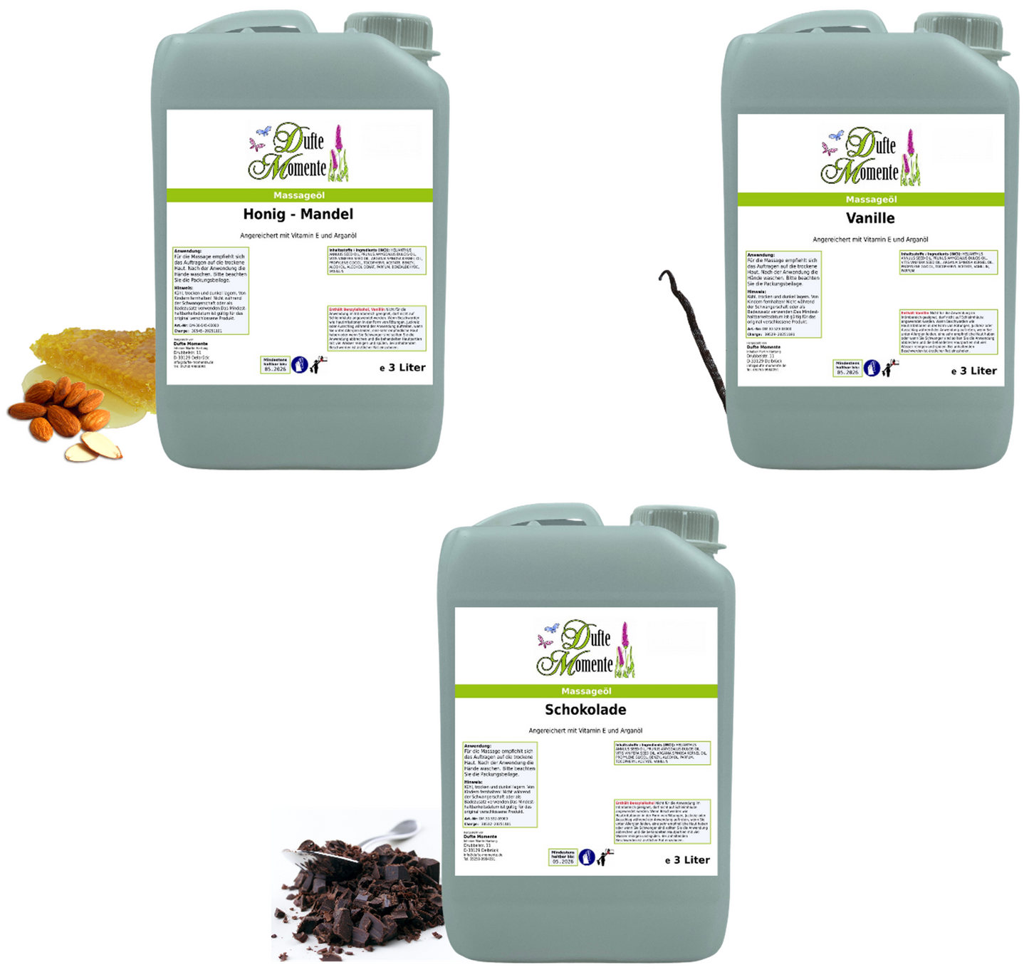 Sanfte Wärme Massageöl-Set | Honig-Mandel, Schokolade, Vanille | Paraffinölbasis | 3× 250 ml –3x 3 Liter