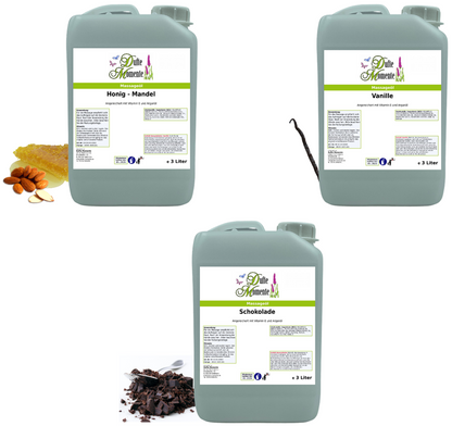 Sanfte Wärme Massageöl-Set | Honig-Mandel, Schokolade, Vanille | Paraffinölbasis | 3× 250 ml –3x 3 Liter