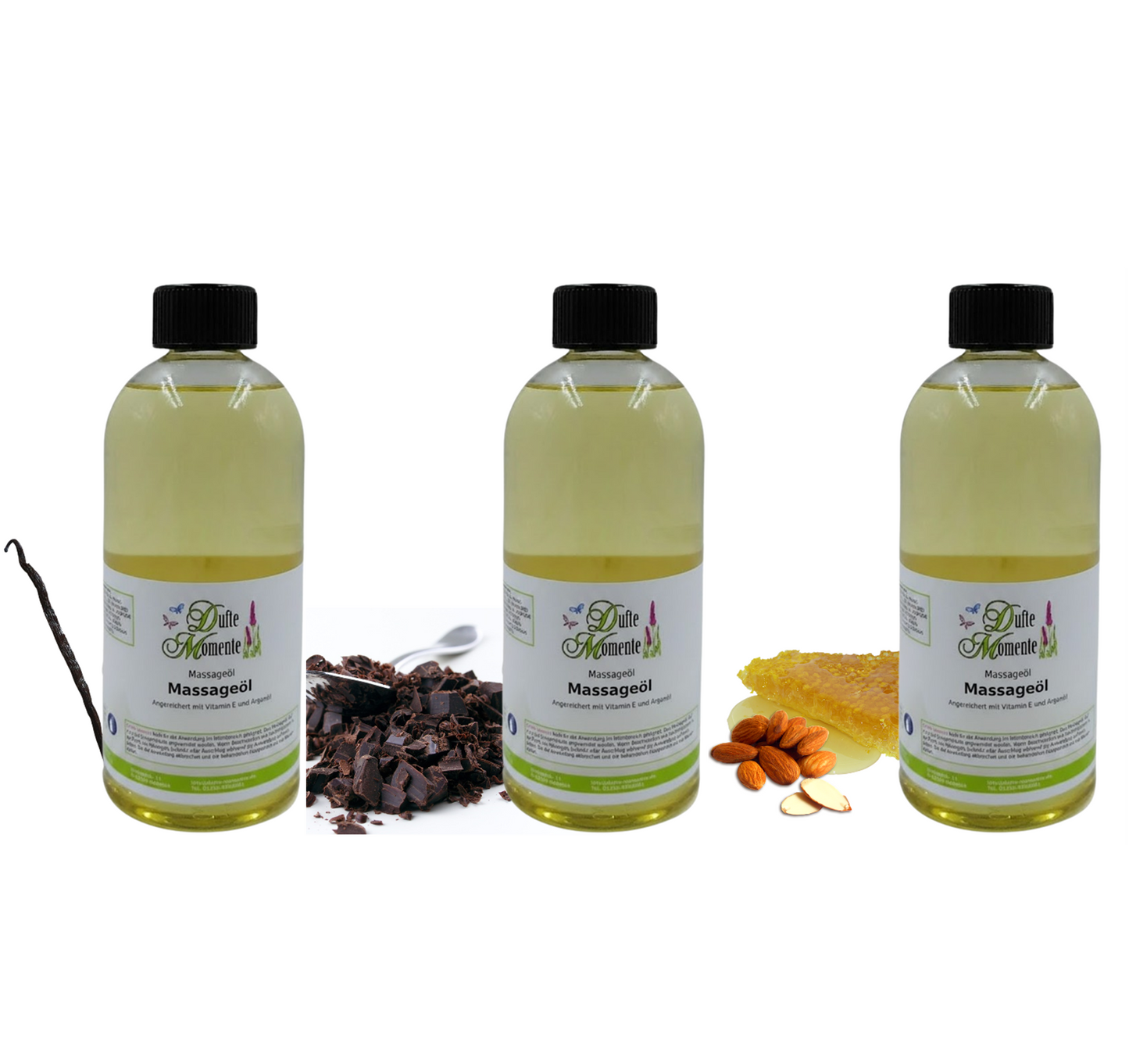 Sanfte Wärme Massageöl-Set | Honig-Mandel, Schokolade, Vanille | Paraffinölbasis | 3× 250 ml –3x 3 Liter