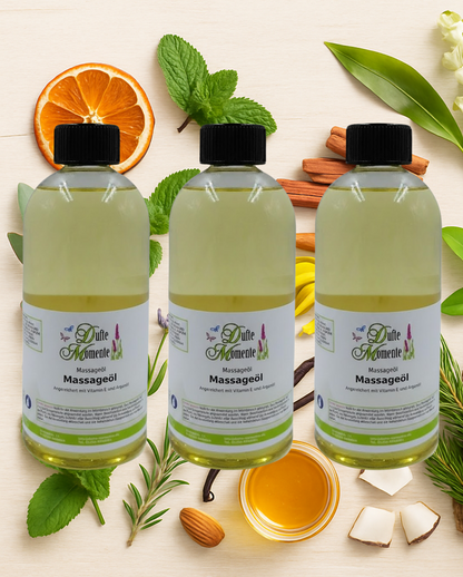 3x500ml Flaschen Massageöl auf Hintergrund mit Duftkomponenten