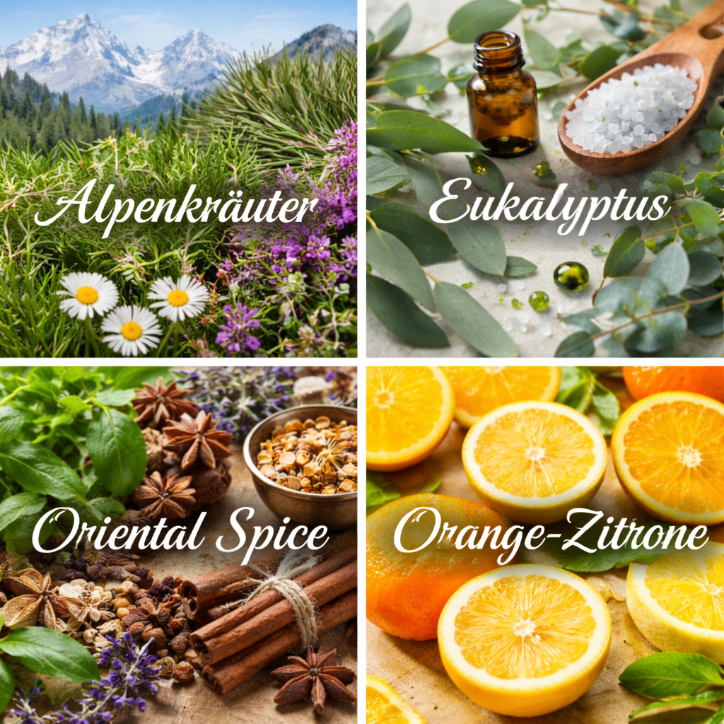 Ätherische Ölmischungen 4er Set Alpenkräuter Eukalyptus Oriental Spice Orange Zitrone Duftübersicht