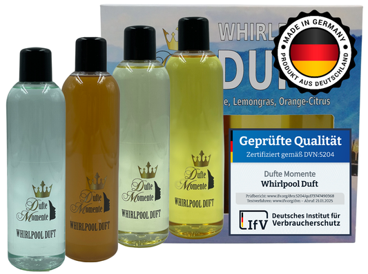 Whirlpooldüfte 4x250ml Set im Karton mit Siegel – Eukalyptus, Kokos-Vanille, Lemongras, Orange-Citrus – Bestseller von Dufte Momente