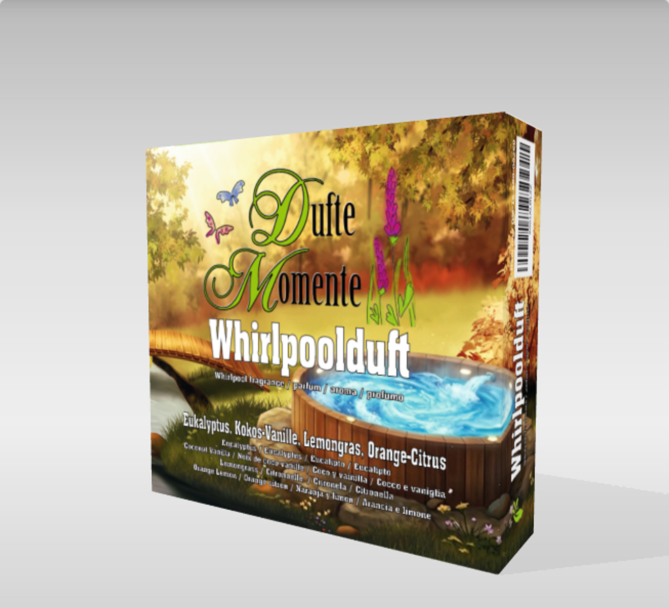 Verpackung des Dufte Momente Whirlpoolduft 4er Sets mit den Düften Eukalyptus, Kokos-Vanille, Lemongras und Orange-Citrus