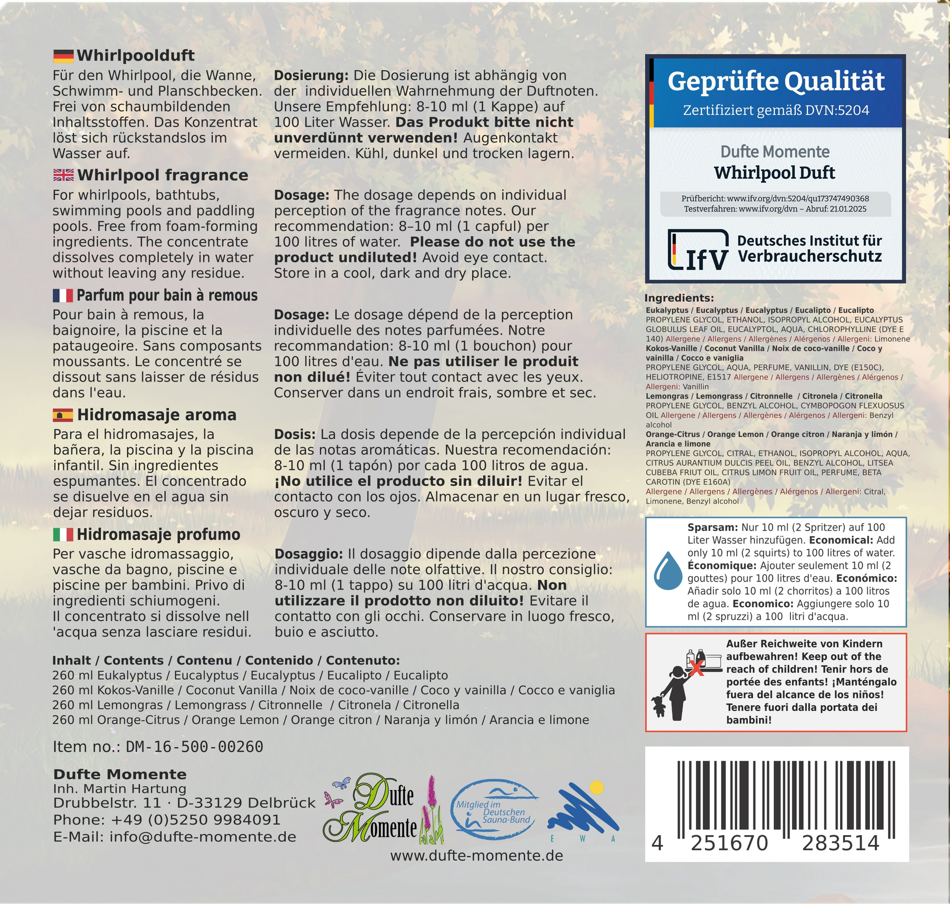 Rückseite der Verpackung des Dufte Momente Whirlpoolduft 4er Sets mit Anwendungshinweisen, Inhaltsstoffen und Qualitätszertifikat
