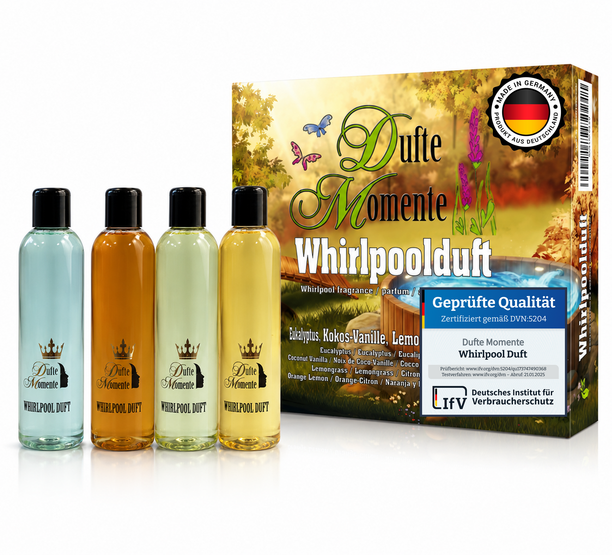 Dufte Momente Whirlpoolduft 4er Set mit vier Duftflaschen, Geschenkverpackung, Qualitätszertifikat und Made-in-Germany-Siegel.