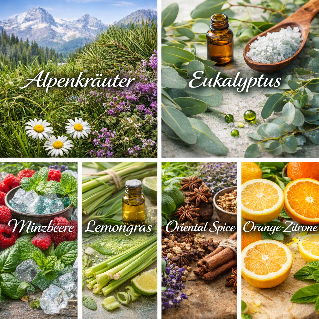 Ätherische Ölmischungen 6er Set Alpenkräuter Eukalyptus Minzbeere Lemongras Oriental Spice Orange Zitrone Duftübersicht