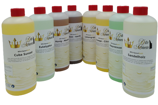 Whirlpooldüfte – 8 x 1 Liter – Cuba Sunset, Eukalyptus, Jasmin, Kokos-Vanille, Lemongras, Orange-Citrus, Honig-Mandel & Polarminze – gebrauchsfertig, vegan, ohne Tierversuche