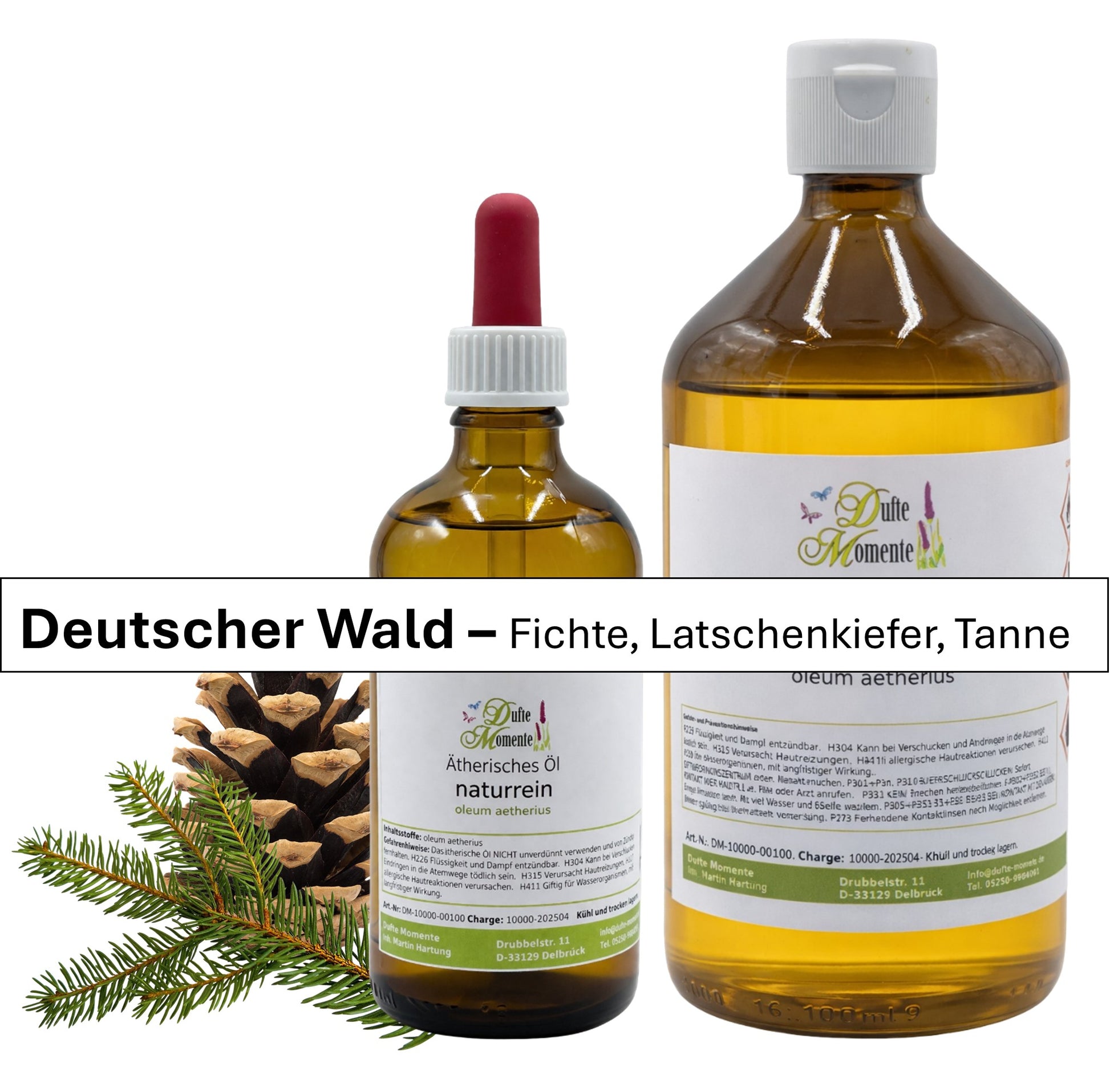 Ätherische Ölmischung Deutscher Wald Flaschen mit und ohne Pipette mit Tannenzweig und Zapfen