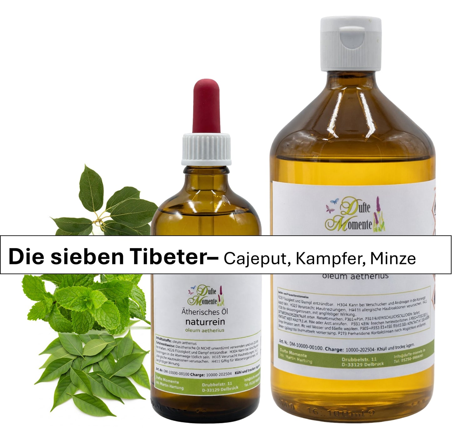 Ätherische Ölmischung Die sieben Tibeter Flaschen mit und ohne Pipette mit Minze und Cajeputblättern