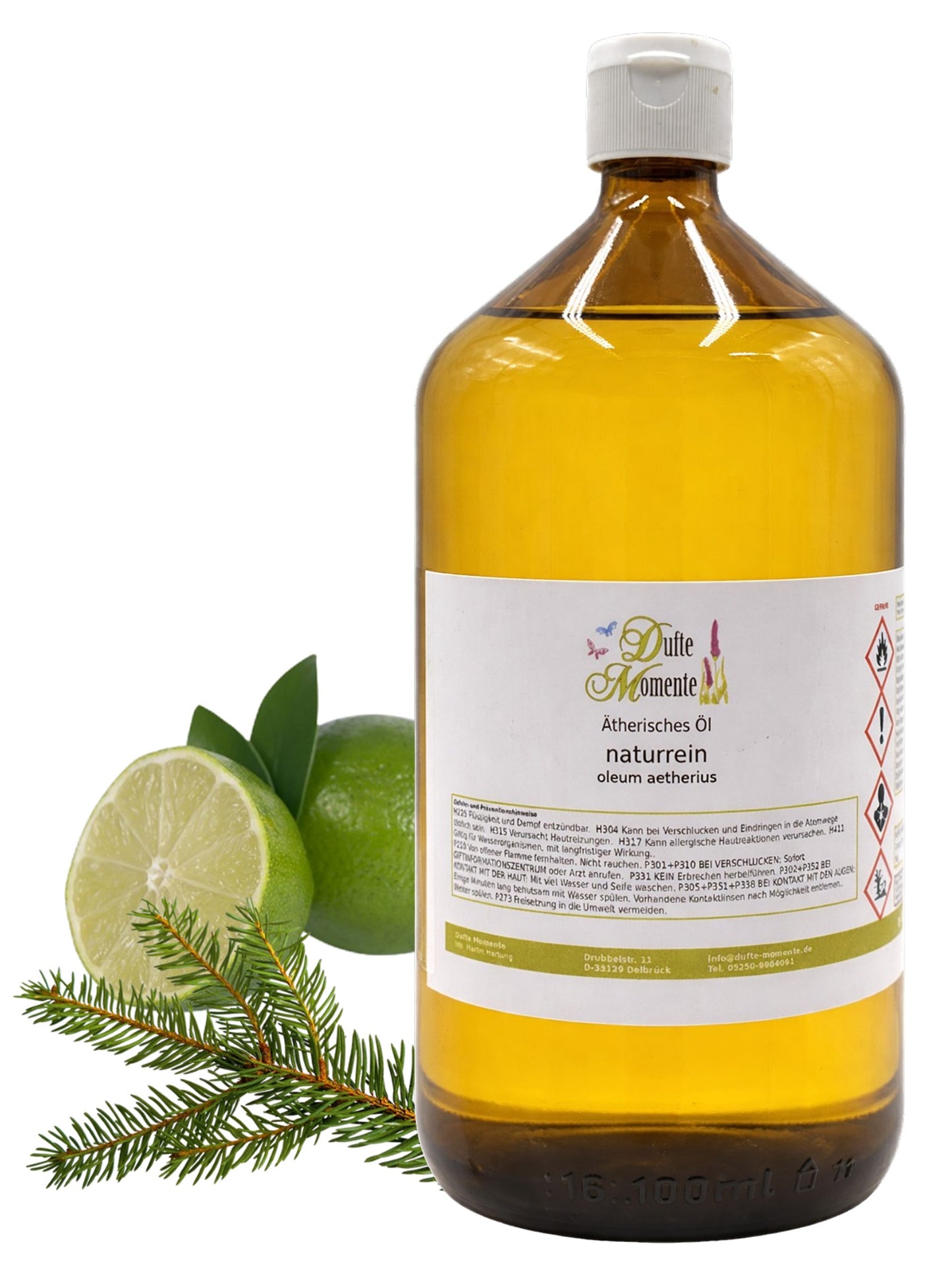 Ätherische Ölmischung Edeltanne Limette 1000 ml Flasche mit Limette und Tannenzweig