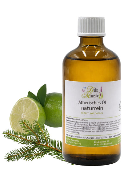 Ätherische Ölmischung Edeltanne Limette 100 ml Flasche mit Limette und Tannenzweig